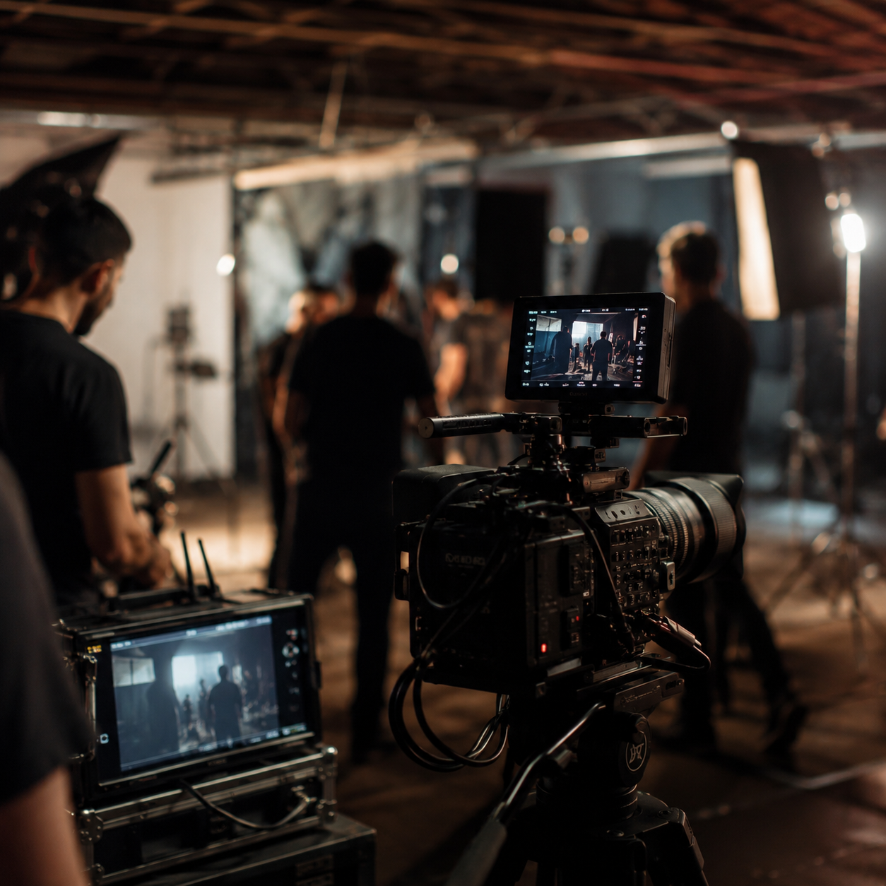 Equipe de produção audiovisual em set de filmagem e fotografia
